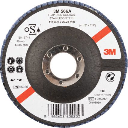 566A, Flap Disc, 65025, 115 x 22.23mm, Conical (Type 29), P40, Zirconia