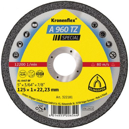 Cutting Disc, Kronenflex, 46-Fine/Medium, 125 x 1 x 22.23 mm, Type 41, Aluminium Oxide