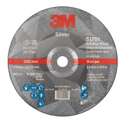 51780, Grinding Disc, Silver, 36-Medium/Coarse, 180 x 7 x 22.23 mm, Type 27, Ceramic