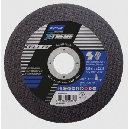 Cutting Disc, X-Treme, 46-Fine/Medium, 125 x 1.6 x 22.23 mm, Type 41, Aluminium Oxide