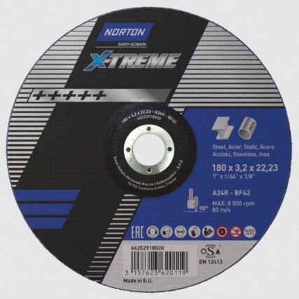 Cutting Disc, X-Treme, 24-Coarse, 180 x 3.2 x 22.2 mm, Type 42, Aluminium Oxide