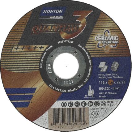 Cutting Disc, Quantum, 46-Fine/Medium, 115 x 1.6 x 22.23 mm, Type 41, Ceramic
