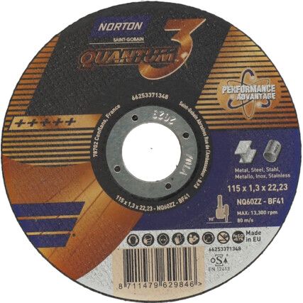 Cutting Disc, Quantum, 60-Fine, 115 x 1.3 x 22.23 mm, Type 41, Ceramic