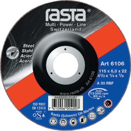 6106RA, Grinding Disc, 30-Medium/Coarse, 115 x 6 x 22.23 mm, Type 27, Aluminium Oxide