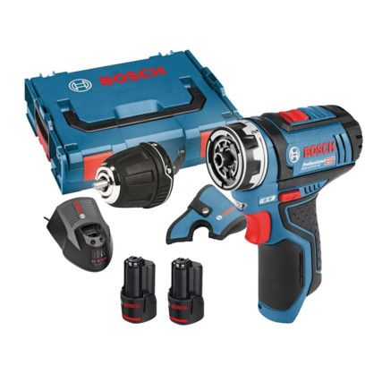 GGSR 12V-15 FC 12v FlexiClick Drill Driver with GFA 12-B Chuck Attachment 2x 2.0ah batteries and Charger in L-Boxx Case - 0 601 9F6 071