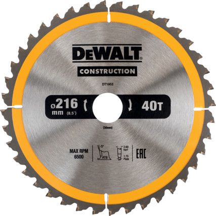 DT1953-QZ Construction Circular Saw Blade for use with Stationary Machines 216 x 30mm x40T