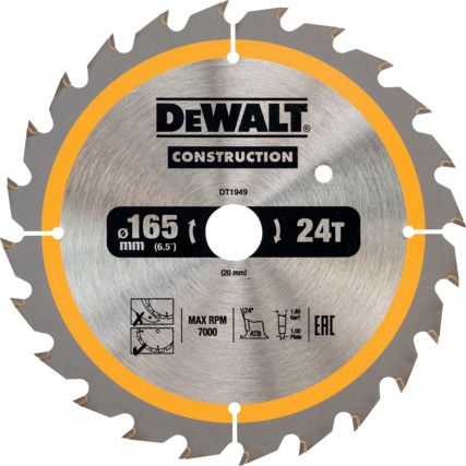 DT1949-QZ Construction Circular Saw Blade for use with Stationary Machines 165 x 20 mm x 24T (DC)