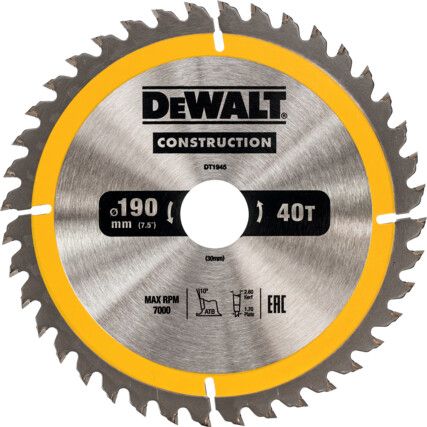 DT1945-QZ Construction Circular Saw Blade for use with Stationary Machines 190 x 30mm x 40T (AC)