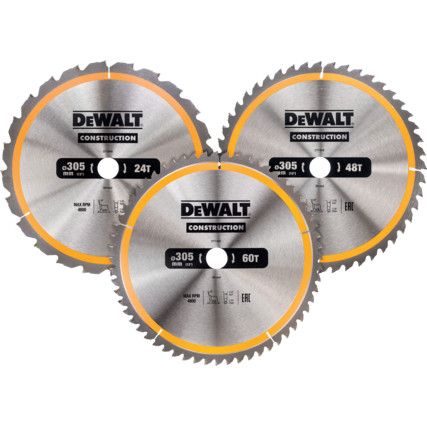 DT1964-QZ Construction Circular Saw Blade for use with Stationary Machines (1 x 24T 1 x 48T 1 x 60T)