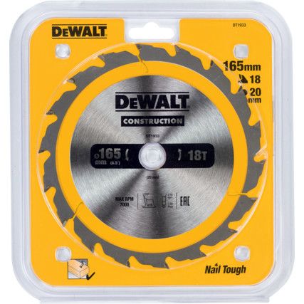 DT1933-QZ Construction Circular Saw Blade for use with Stationary Machines 165 mm x 20mm x 18T (AC)