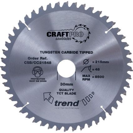 CSB/CC25460T TCT CraftPro Mitre Saw Crosscut Blade,  Negative Hook for a Med/Fine Finish in Wood Based Materials. 254 x 30mm x 60T (Cordless)