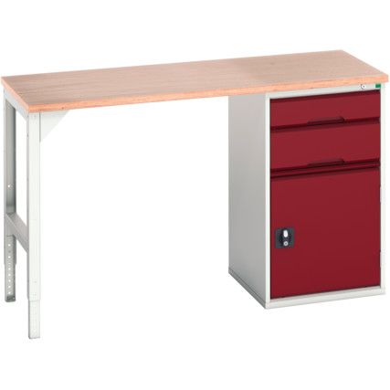 Verso Pedestal Bench 1500 x 600 x 930mm 2 Drawers and 1 Cupboard - Light Grey/Red