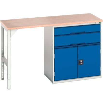 Verso Pedestal Bench 1500 x 600 x 930mm 2 Drawers and 1 Cupboard - Light Grey/Blue