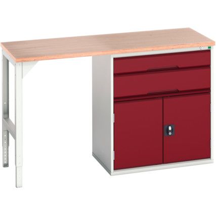 Verso Pedestal Bench 1500 x 600 x 930mm 2 Drawers and 1 Cupboard - Light Grey/Red