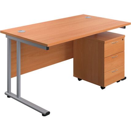Rectangular Desk with 3 Drawer Pedestal 1200mm x 800mm Beech/Silver
