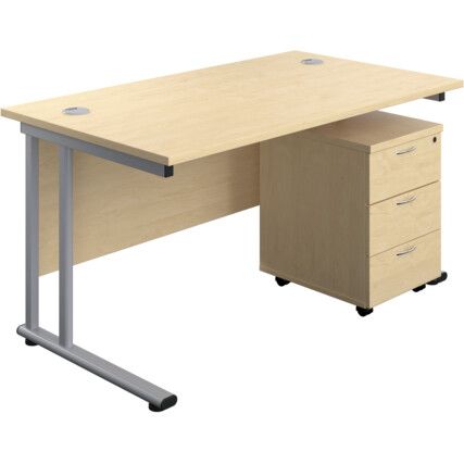 Rectangular Desk with 3 Drawer Pedestal 1200mm x 800mm  Maple/Silver