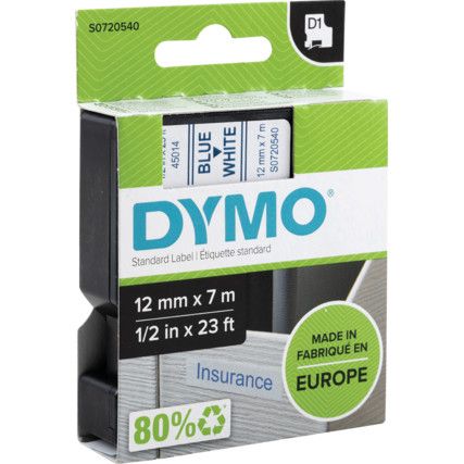 DYMO D1 TAPE 12mm BLUE ON WHITE 45014