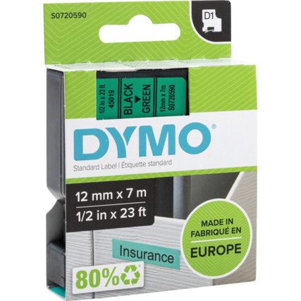 DYMO D1 TAPE 12mm BLACK ON GREEN 45019