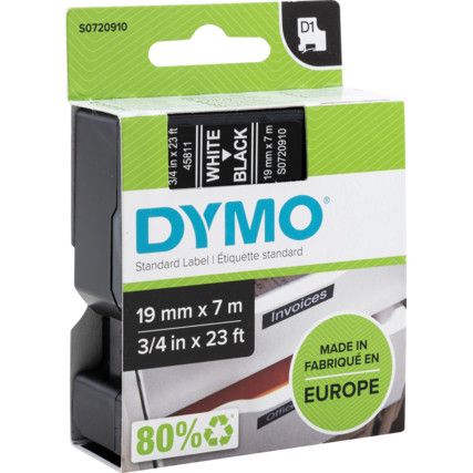 DYMO D1 TAPE 19mm WHITE ON BLACK 45811