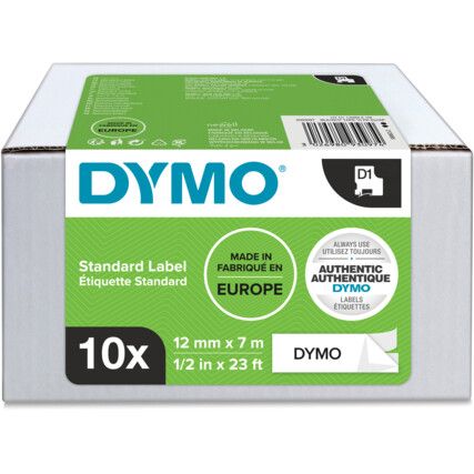 DYMO D1 TAPES BLACK ON WHITE 12mmx 7M (PK-10)