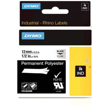 RHINO 12mm BLACK ON CLEAR PERM POLY TAPE 622289