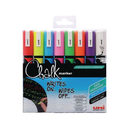 Chalk Marker, Assorted, Medium, Non-Permanent, Bullet Tip, 8 Pack