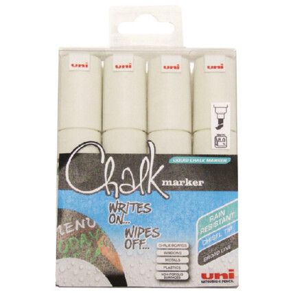 Chalk Marker, White, Broad, Non-Permanent, Bullet Tip, 4 Pack