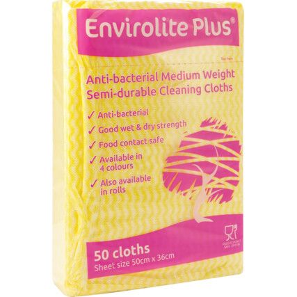 Envirolite Plus Anti-Bacteria Folded Cleaning Cloth, Large, Yellow, Pack of 50