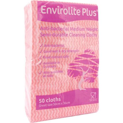 Envirolite Plus Anti-Bacteria Folded Cleaning Cloth, Large, Red, Pack of 50