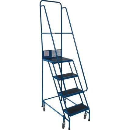 5- Wide Tread,  Step Ladder, 1.25m, Steel, Anti-Slip, Side Handrails, Spring-Loaded Castor Wheels, Blue