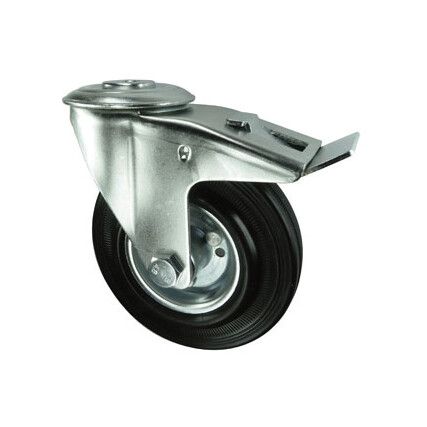 Pressed Steel Castor With Swivel Bolt Hole Rubber Tyre with Brake, Steel Centre 80mm