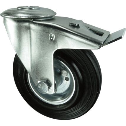 Pressed Steel Castor With Swivel Bolt Hole Rubber Tyre with Brake, Steel Centre 160mm