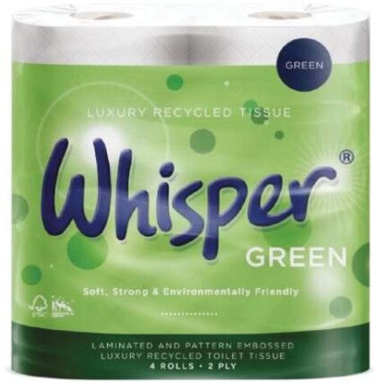 WGREEN2 WHISPER 2PLY RECYCLED TOILET ROLL - 210 SHEETS (PK-40)