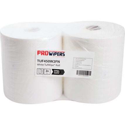 TufWipe, Centrefeed Wiper Roll, White, Single Ply, Pack of 2