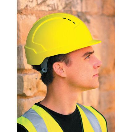 EVOLite®, Safety Helmet, Yellow, ABS, Not Vented, Reduced Peak, Includes Side Slots