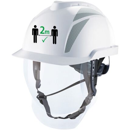 V-GARD 950 Safety Helmet with FAS-TRAC III Harness and Integrated Visor, White with Social Distancing Logo