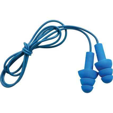 Tracer™, Reusable Ear Plugs, Corded, Detectable, Triple Flange, 32dB, Blue, Silicone, Pk-1 Pair