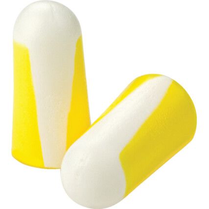 303S, Disposable Ear Plugs, Uncorded, Not Detectable, Bullet, 33dB, White/Yellow, Foam, Pk-200 Pairs