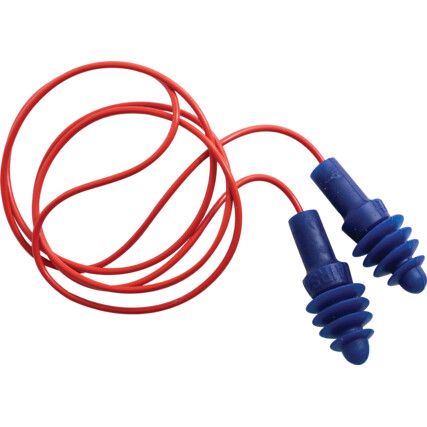 Airsoft, Reusable Ear Plugs, Corded, Detectable, Four Flange, 30dB, Blue, PVC, Pk-50 Pairs