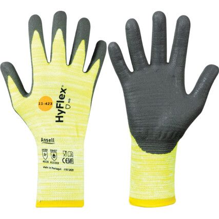 11-423 HyFlex Cut Resistant Gloves, Grey/Yellow, EN388: 2016, 4, X, 3, 2, B, Nitrile Palm, Techcor Liner, Size 10
