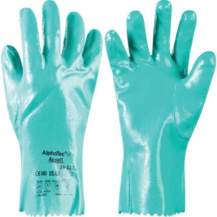 39-122 Sol-Knit Chemical Resistant Gloves, Green, Nitrile, Interlock Cotton Liner, Size 9