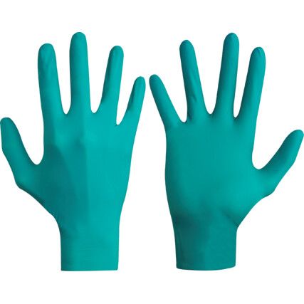 TouchNTuff 92-600 Disposable Gloves, Green, Nitrile, 4.7mil Thickness, Powder Free, Size 7, Pack of 100
