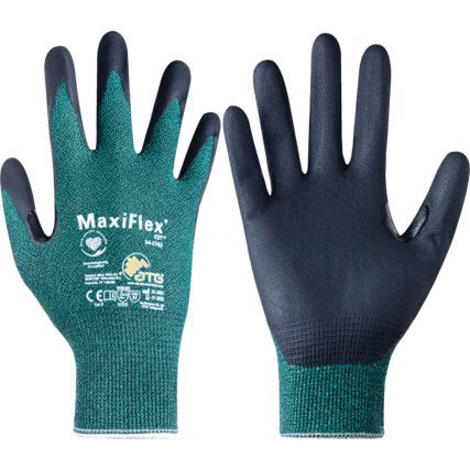 MaxiFlex, Cut Resistant Gloves, Black/Green, EN388: 2016, 4, 3, 3, 1, B, NBR Palm, Spandex/UHMWPE-Glass-Nylon, Size 9