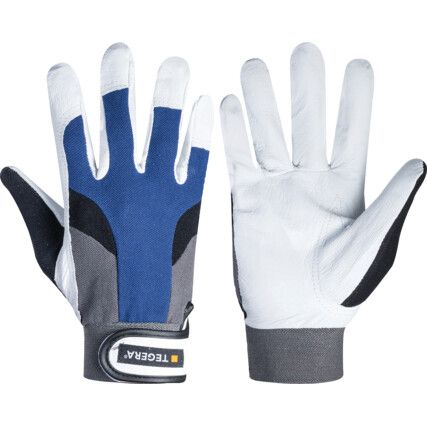 113 Tegera® Mechanical Hazard Gloves, Black/Blue/Grey/White, Unlined, Leather Coating, EN388: 2016, 2, 1, 1, 2, X, Size 9