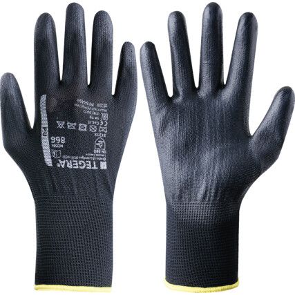 866 Tegera® Mechanical Hazard Gloves, Black, Polyester Liner, Polyurethane Coating, EN388: 2016, 3, 1, 2, 1, X, Size 9