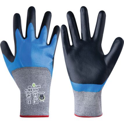 S-Tex, Cut Resistant Gloves, Black/Blue/Grey, EN388: 2016, 4, X, 4, 1, D, Nitrile Foam ¾ Coated, Hagane Coil®, Size 9