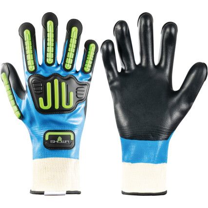 377-IP, Impact Gloves, Black/Blue/Green, Cotton/Polyester Liner, Nitrile Coating, EN388: 2016, 4, 1, 2, 1, X, Size 10