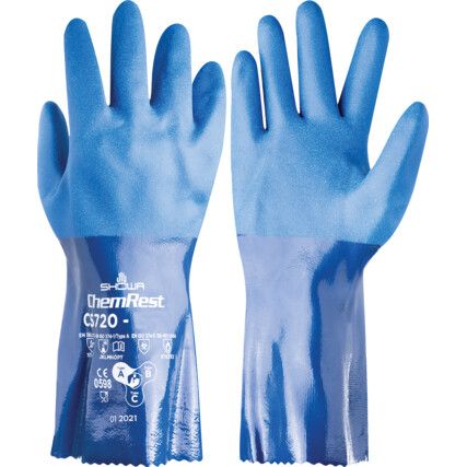 720, Chemical Resistant Gauntlet, Blue, Nitrile, Nylon Liner, Size 10