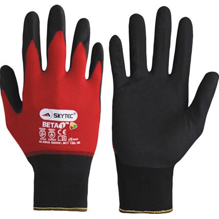 Beta 1 Mechanical Hazard Gloves, Black/Red, Nylon/Spandex Liner, Nitrile Foam Coating, EN388: 2016, 4, 1, 2, 1, X, Size 8