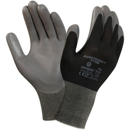 P1100 Puretough Mechanical Hazard Gloves, Black/Grey, Nylon Liner, Polyurethane Coating, EN388: 2003, 4, 1, 2, 1, Size 9
